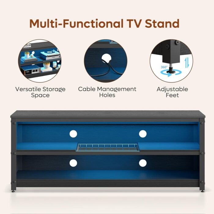 Bestier Gaming TV Stand with LED Light for TVs up to 60 Inch, Entertainment Center with Adjustable Shelves, Modern Industrial TV Media Console with Storage Shelves for Living Room Bedroom, Black - Image 5