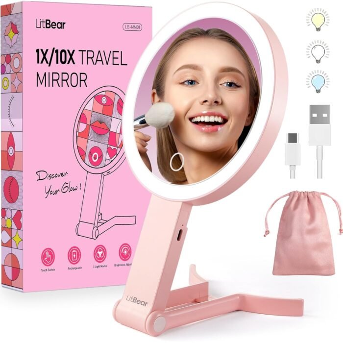 LitBear Travel Makeup Mirror with Lights, Rechargeable Double Sided 10X /1X Magnifying Mirror, Portable Lighted Beauty Mirror, 3 Color Lighting, Dimmable Touch Screen, Tabletop Handhold Hanging (Pink)