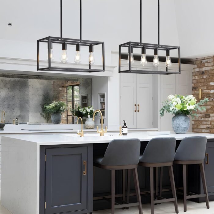 Dining Room Light Fixture 4 Light Black Farmhouse Chandelier Modern Kitchen Island Pendant Lighting Rectangular Hanging Lights for Kitchen Dining Room Adjustable Height Metal E26 Base - Image 7