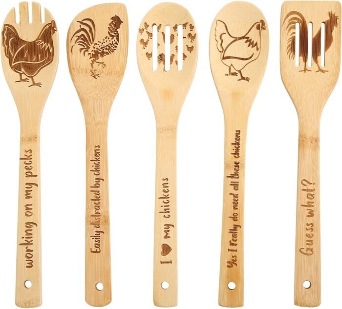Pioneer Woman Kitchen Stuff - Rooster Wooden Spoons, Funny Wooden Cooking Utensils for Chicken Decor, Chicken Accessories, Rooster Decor, Chicken Gifts for Women, Housewarming Gifts New Home(5PCS)