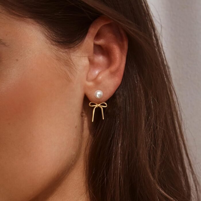 Pearl Earrings for Women Gold Hoop Earrings for Women Trendy 14K Gold Plated Pearl Huggie Earring Hoops Twist Rope Bow Stud Pearl Dangle Cubic Zirconia Earrings Jewelry Gifts for Women - Image 4