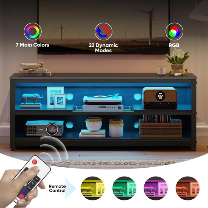 Bestier Gaming TV Stand with LED Light for TVs up to 60 Inch, Entertainment Center with Adjustable Shelves, Modern Industrial TV Media Console with Storage Shelves for Living Room Bedroom, Black - Image 3