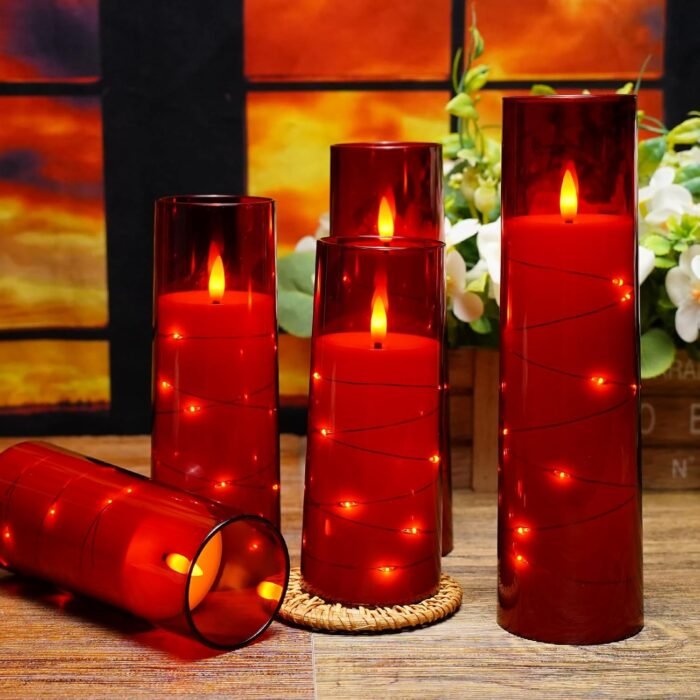 Flameless LED Candles with Timer 5 Pc Flickering Flameless Candles for Romantic Ambiance and Home Decoration Stable Acrylic Shell,with Embedded Star String，Battery Operated Candles（Red） - Image 3
