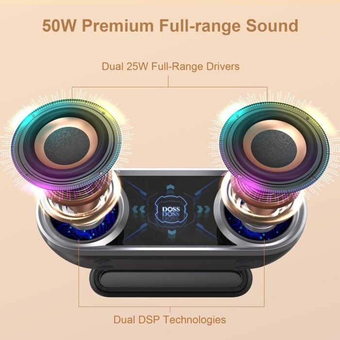 DOSS SoundBox Pro+ P400 Bluetooth Speaker, 50W Stereo Sound with Extra Bass, 26H Playtime, Cool Phantom Mirror Lights, IPX5 Waterproof Speaker for Outdoor, Home, Party, and Electronic Gadgets-Blue - Image 3