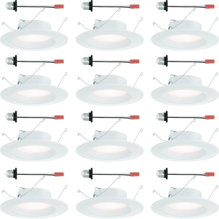 DESIGNERS FOUNTAIN LED Recessed Ceiling Lights, 12 Pack, 5"/6" retrofit trim with E26 socket adaptor 5CCT Downlight Metal Light Fixture Set, Dimmable, 1050 Lumens, 2700K/3000K/3500K/4000K/5000K, White
