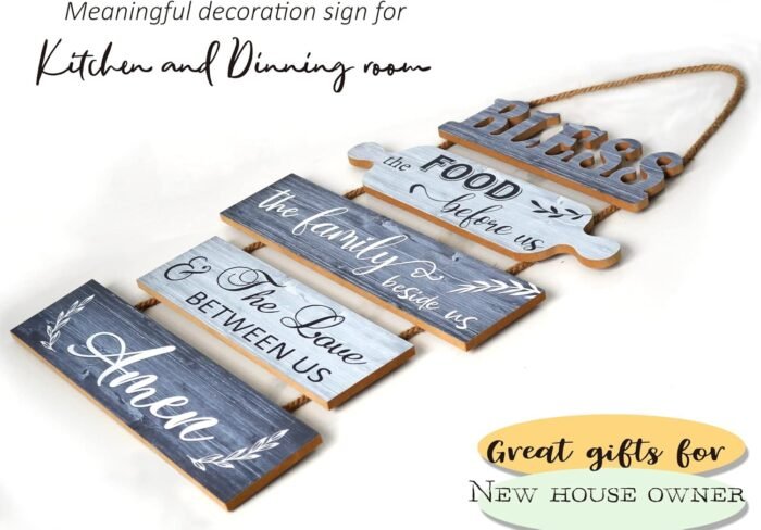 Buecasa Bless the Food Before Us Farmhouse Kitchen Wall Decor - Dining Room Decorations Collage Wall Art in White Grey Color - Wooden Rustic 5pcs Roped Sign 13x24 Inches Vertical - Image 5