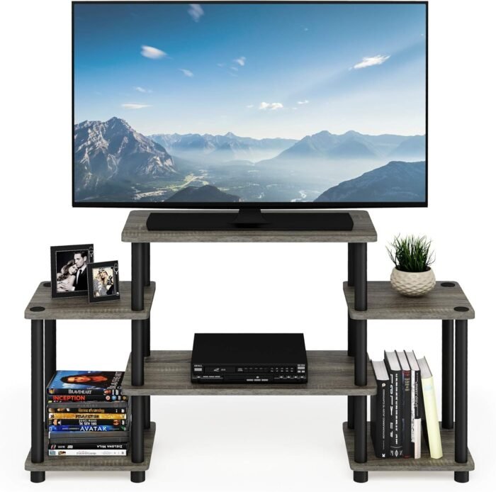 Furinno Turn-N-Tube No Tools Entertainment Center, Round Square Corner, French Oak Grey/Black - Image 5
