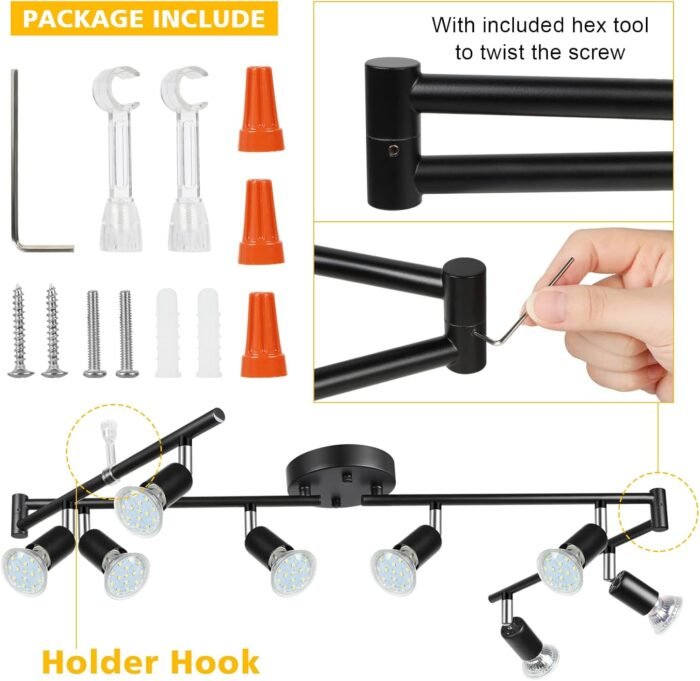 Unicozin LED 8 Light Track Lighting Kit, Black 8 Way Ceiling Spot Lighting, Flexibly Rotatable Light Head, Track Light Included 8 x LED GU10 Bulb (4W, Daylight White 5000K, 400LM) - Image 5