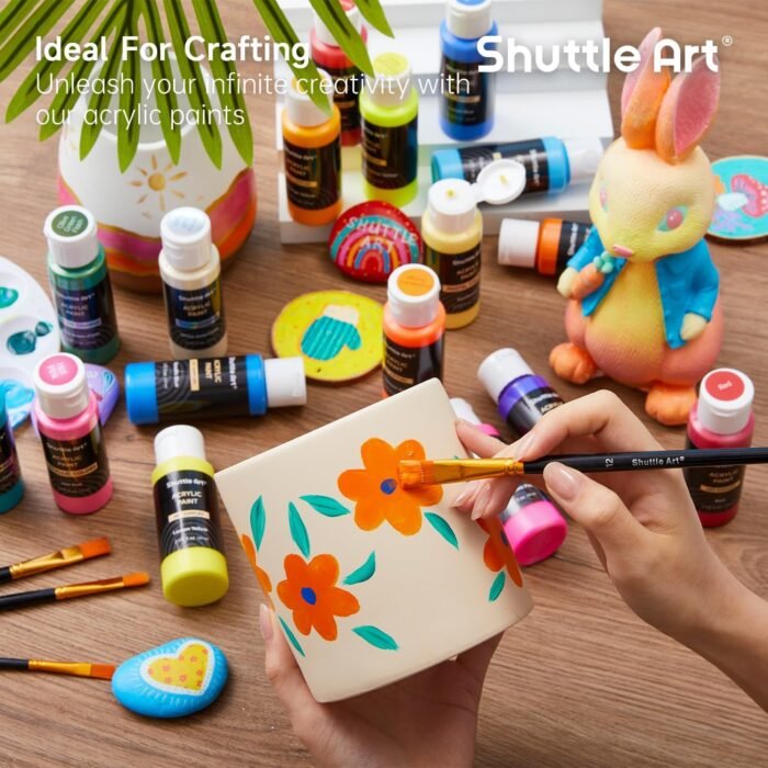 Shuttle Art 100 Colors Acrylic Paint, 2oz/60ml Bottles, Include 2 Sets of 12 Paint Brushes, 1 Art Sponge & Palette, Premium Acrylic Paint Set for Artists, Beginners & Kids on Canvas Rocks Wood Ceramic - Image 6
