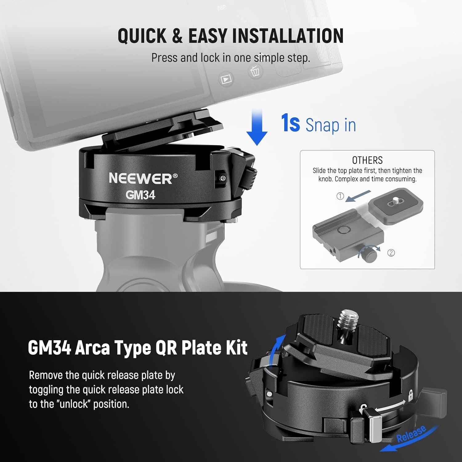 Neewer GM34 Camera Quick Release Plate Kit, Quick Switch Auto Lock Square QR Mount Plate with Arca Type Clamp Base, Compatible with Arca Swiss Peak Design Capture V3 Camera Clip, Max Load 11lb/5kg - Image 3