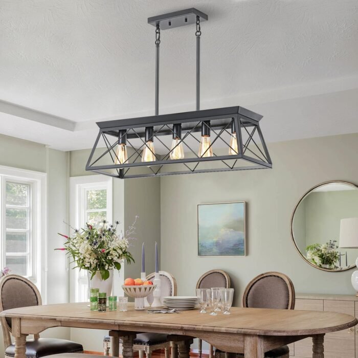 HuixuTe 5-Light Farmhouse Pendant Light for Dining Room, Rustic Kitchen Island Lighting, Adjustable Height Chandeliers for Kitchen, Dining Room Table Black - Image 5