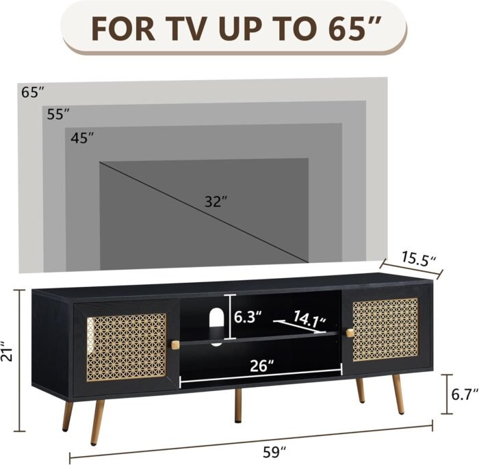 EDYO LIVING 65" Mid Century Modern Black TV Stand with Metal Decoration, Wood Storage TV Cabinet and Open Shelf Entertainment Center, TV Media Console Table for Living Room - Image 7