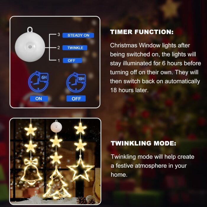 [Timer] 3Pcs Christmas Window Lights Decorations,Battery Powered Christmas Hanging Warm White Lighted Tree Bell Star Shaped LED Sucker for Xmas Tree Fireplace Indoor Outdoor Decor - Image 3