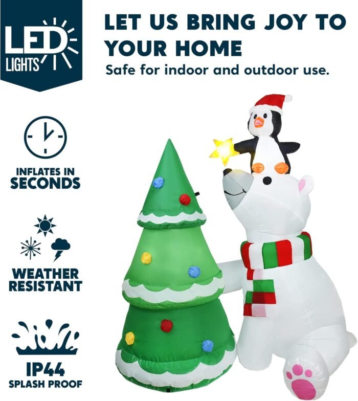 Joiedomi 6 ft Christmas Polar Bear Inflatable Decoration, Polar Bear with Penguin & Xmas Tree Inflatable with Build-in LEDs Blow Up Inflatables for Christmas Party Outdoor, Yard, Garden, Winter Décor - Image 3