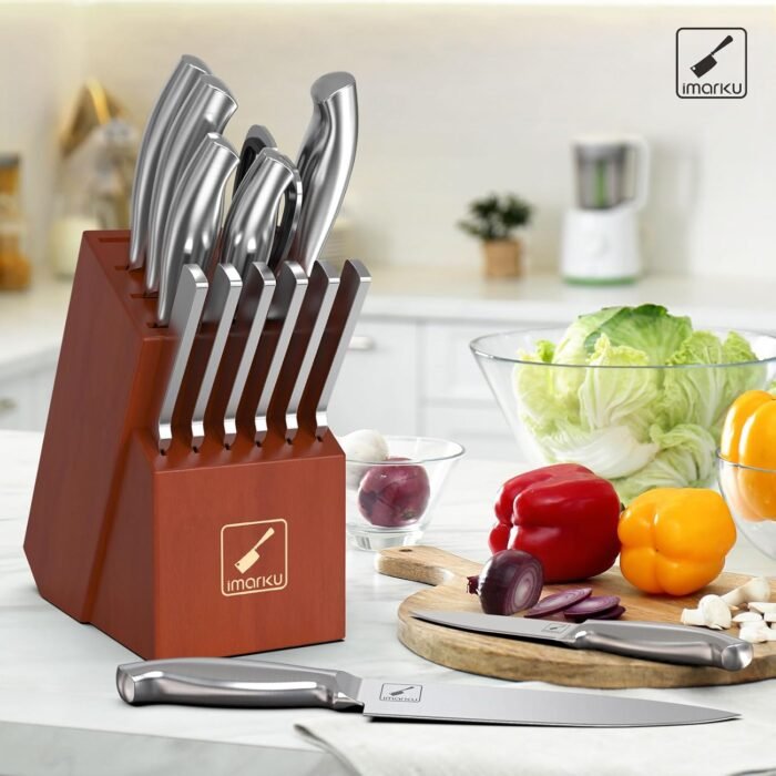 Imarku Knife Set, 15 Pieces Kitchen Knife Set with Block, High Carbon-Stainless Steel Kitchen Knives with Built-in Sharpener, Professional Knife Block Set for Christmas Gifts, Brown - Image 6