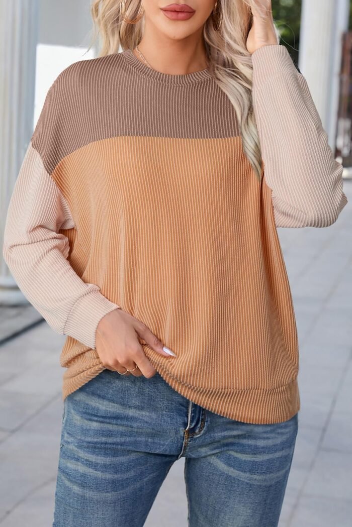 Dokotoo Womens Fashion 2024 Color Block Long Sleeve Crewneck Knitted Casual Loose Pullover Shirts Tops - Image 4