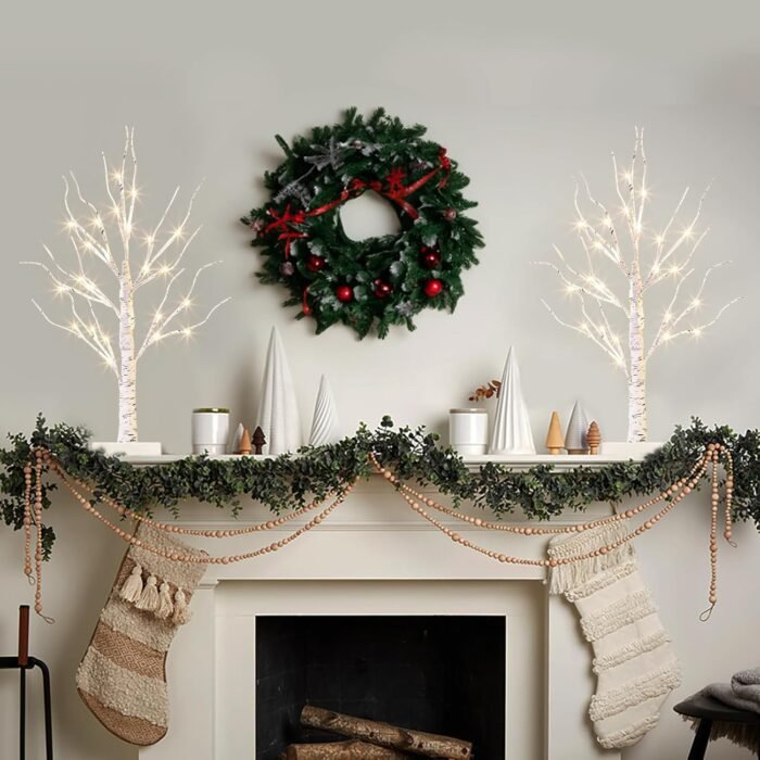 Vanthylit White Birch Tree with LED Lights - Set of 2, LED Tabletop Tree with Timer, Christmas Decorations Lighted Tree for Indoor Mantel Home Decor (2 FT, 24 LED) - Image 6