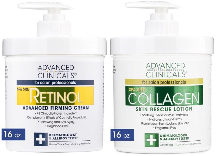 Advanced Clinicals Retinol Body Lotion + Collagen Cream 2pc Body Skin Care Set | Skin Firming Moisturizer Face Lotion & Skin Tightening Body Cream | Crepey Skin Care Treatment | Fragrance-Free, 16oz
