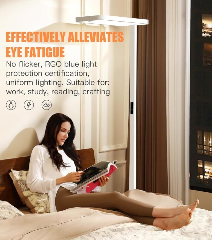 Motion Sensor Floor Lamp - Modern 100W Full-Spectrum Standing Lamp for Bedroom, Living Room & Office - Minimalist Industrial Design, 36000+h Lifetime, 95000LM, 4000K, White Floor Lamp - Image 4