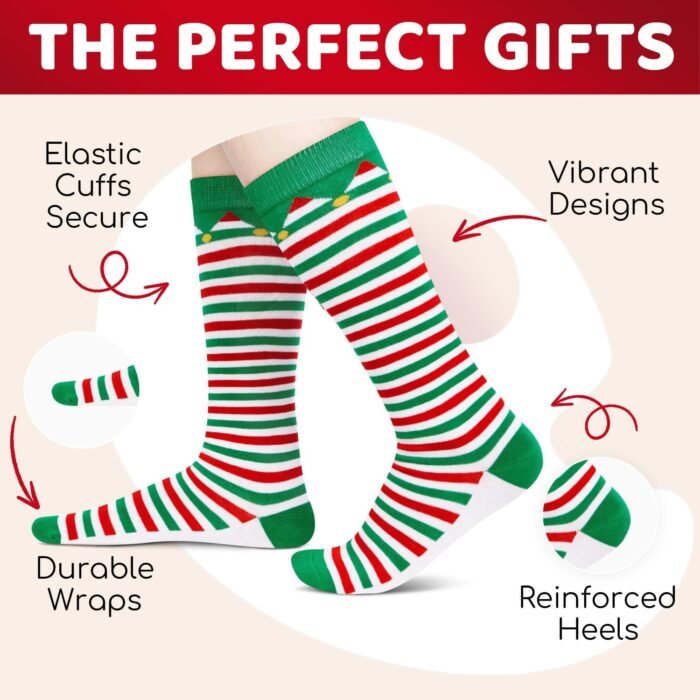 HAPPYPOP Christmas Gifts Stocking Socks for Women - Christmas Striped Knee High Elf Socks Red White Green Striped Socks for Teen Girls with Greeting Card - Image 4