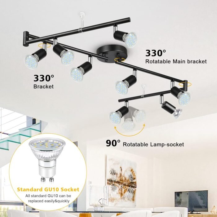 Unicozin LED 8 Light Track Lighting Kit, Black 8 Way Ceiling Spot Lighting, Flexibly Rotatable Light Head, Track Light Included 8 x LED GU10 Bulb (4W, Daylight White 5000K, 400LM) - Image 2