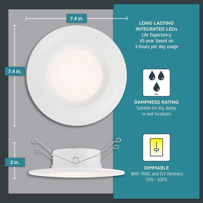 DESIGNERS FOUNTAIN LED Recessed Ceiling Lights, 12 Pack, 5"/6" retrofit trim with E26 socket adaptor 5CCT Downlight Metal Light Fixture Set, Dimmable, 1050 Lumens, 2700K/3000K/3500K/4000K/5000K, White - Image 4