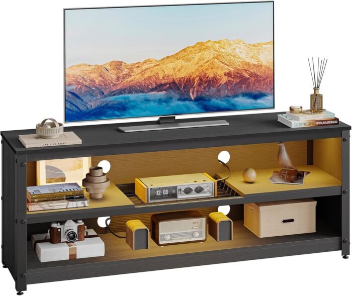 Bestier Gaming TV Stand with LED Light for TVs up to 60 Inch, Entertainment Center with Adjustable Shelves, Modern Industrial TV Media Console with Storage Shelves for Living Room Bedroom, Black - Image 4