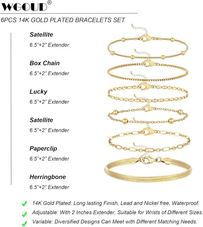 Wgoud Waterproof Gold Bracelets for Women Trendy, Dainty 14K Real Gold Plated Fashion Stackable Bracelet Sets for Women Thin Cuban Link Paperclip Chain Bracelets Layered Gold Jewelry Sets Gifts for Womens - Image 6