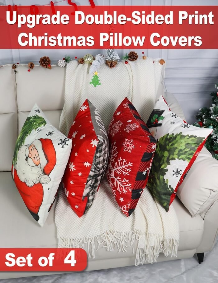 Christmas Decorations Set of 4 Double-Sided Print Christmas Pillow Covers 18" x 18", with 8 Cute Christmas Decor Patterns, Throw Pillow Covers Perfect for Christmas and Home Decor - Image 2
