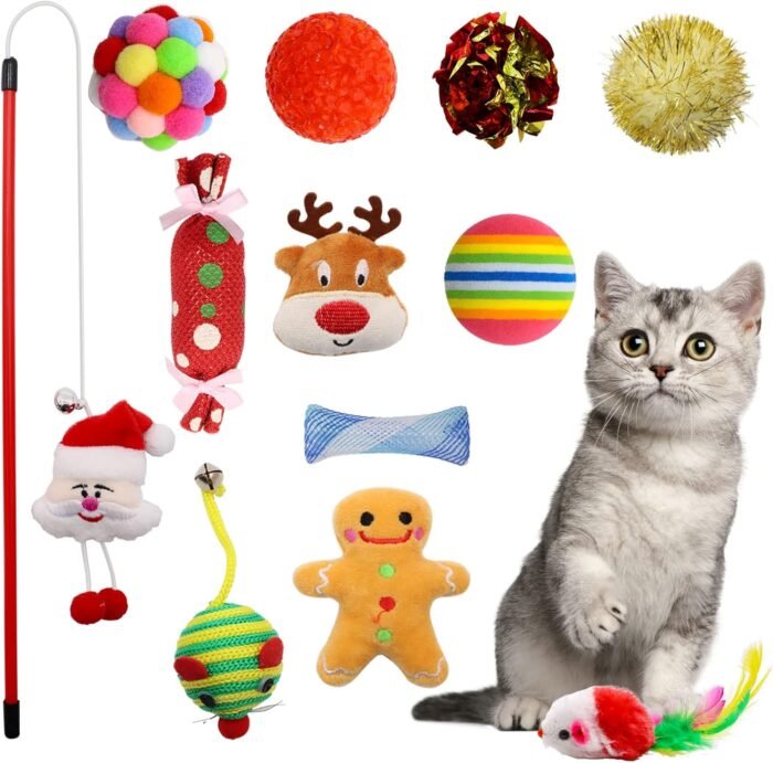 Christmas Stocking Cat Toys, 12PCS Xmas Cat Toy Set with Mouse, Squeaky Toys, Balls, Cat Teaser, Indoor Interactive Cat Gift - Image 7
