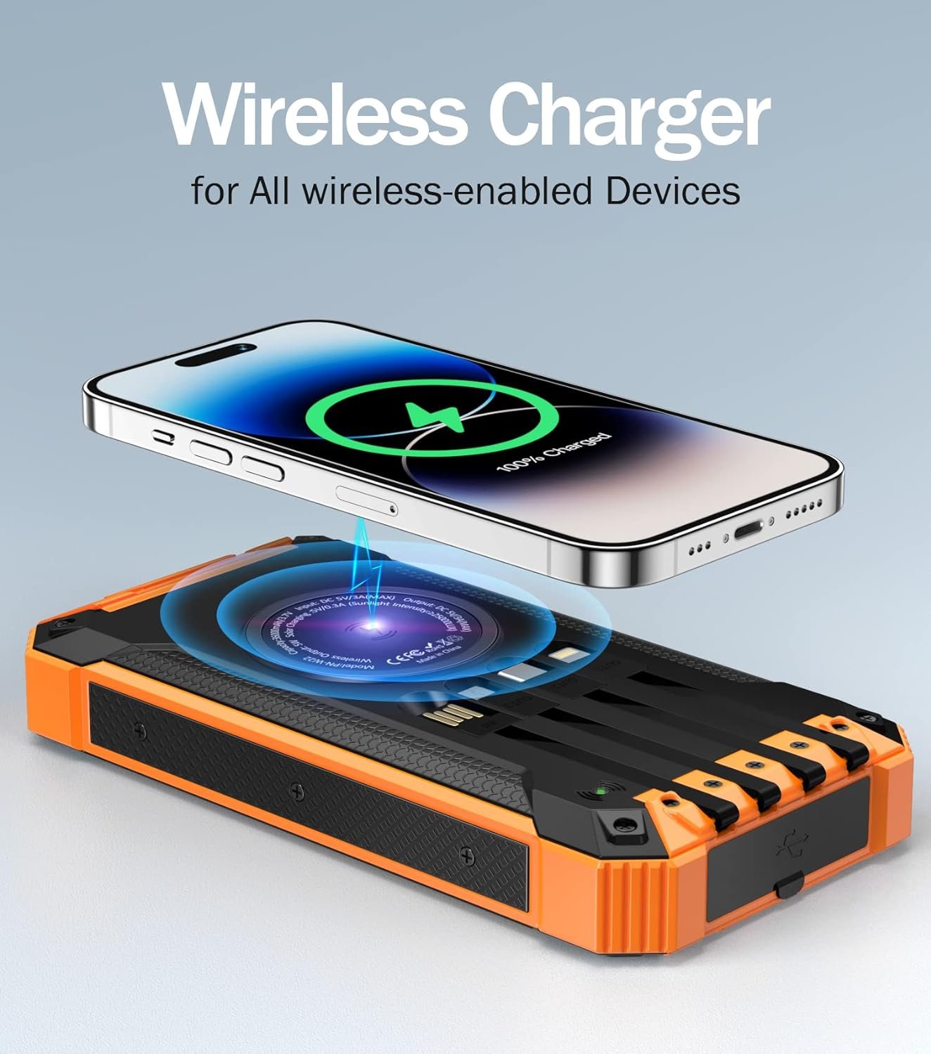 GOODaaa Power Bank Wireless Charger 36000mAh Built in 4 Cables Six Outputs 15W Fast Charging Power Bank for All Mobile Devices Three Inputs Solar Portable Charger with Dual Flashlights, Carabiner - Image 4