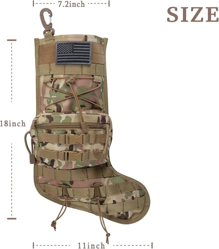 Tactical Christmas Stocking, with Flag Patch MOLLE Webbing, Zip Pocket, MOLLE Clips, Gift for Veterans Military Patriotic and Outdoorsy People, Khaki Camouflage - Image 7