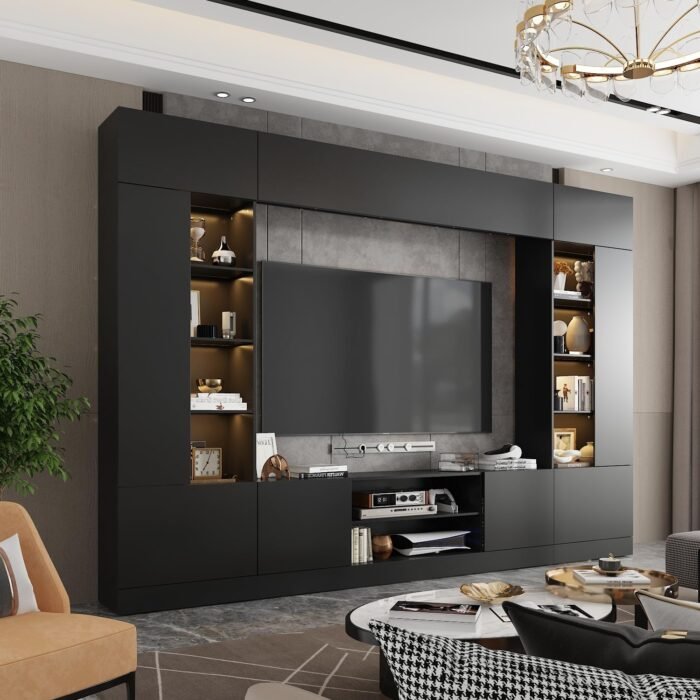 114" Large Wall Unit Entertainment Center with Bookshelves, Lights and 18 Shelves, Modern 4-Piece TV Stand Media Console Table with Bridge Cabinet for Living Room & Home Theater, Black