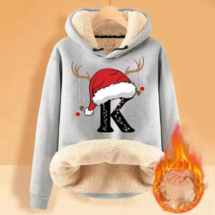 Women's Christmas Letters Printed Hoodie Back Wool Winter Warm Pullover Tops Fashion Sweatshirt Super Cropped - Image 3