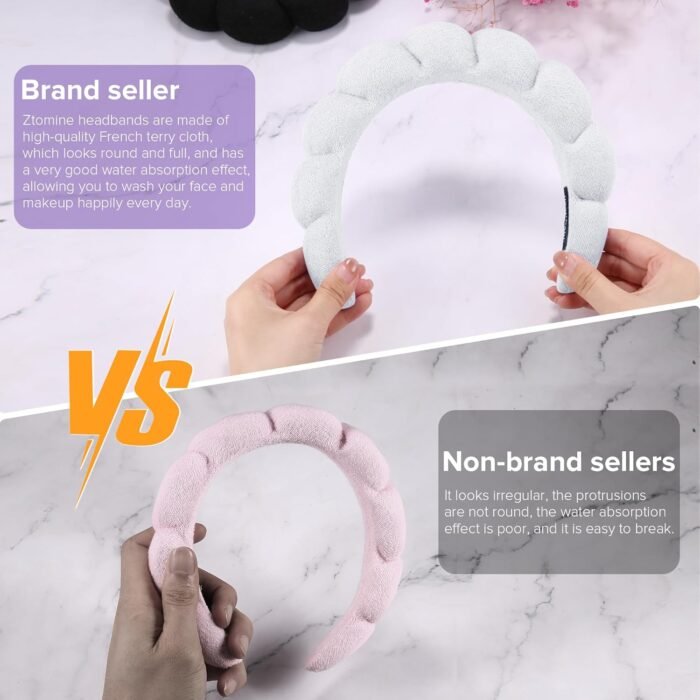 Spa Headbands, Set of 2 - Terry Cloth Headband for Washing Face or Facial, Puffy Makeup Headbands for Face Washing, Mask, Skin Treatment - 1 White & 1 Black - Image 3