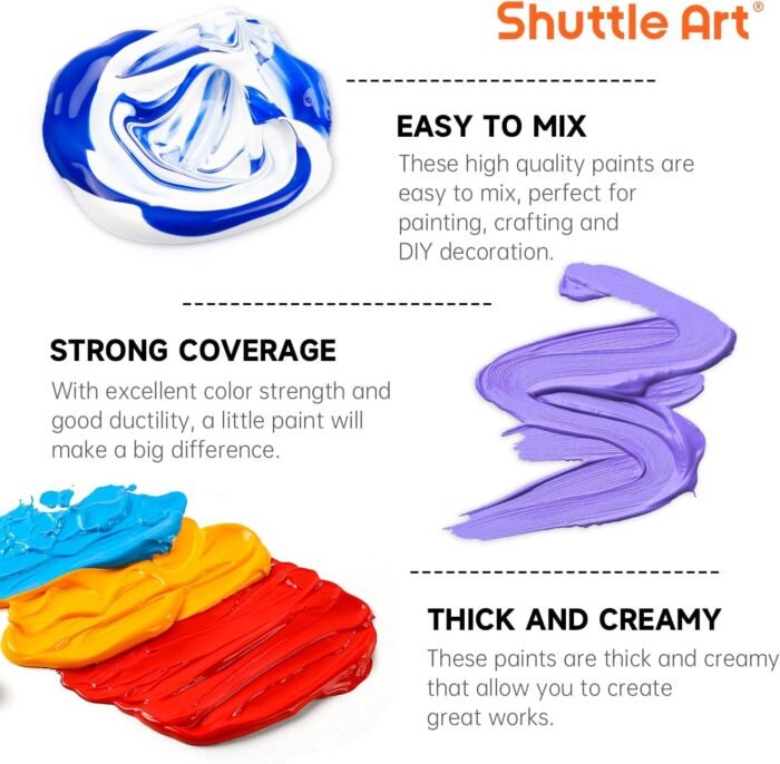 Shuttle Art 100 Colors Acrylic Paint, 2oz/60ml Bottles, Include 2 Sets of 12 Paint Brushes, 1 Art Sponge & Palette, Premium Acrylic Paint Set for Artists, Beginners & Kids on Canvas Rocks Wood Ceramic - Image 4