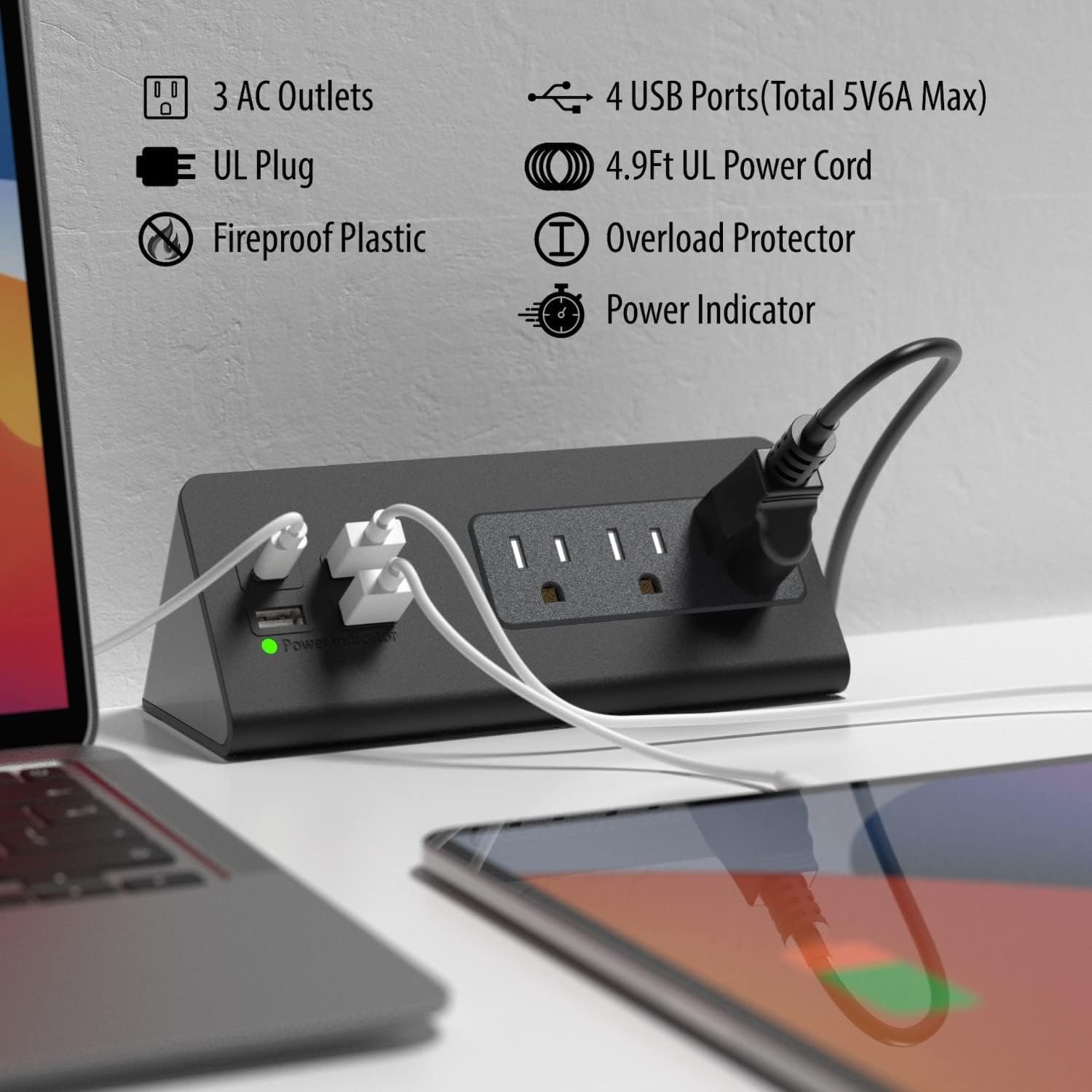Nightstand Edge Mount Power Strip with USB-C Ports Tabletop Surge Protector Desk Clamp Power Sockets with 3 AC Outlets &4 Fast Charging USB Ports for Home Office Hotel and Dormitory - Image 2
