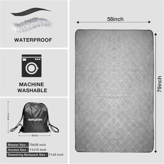DUKUSEEK Sherpa Waterproof Camping Blanket with Hood - Warm Large Fleece Outdoor Stadium Blanket for Car, Boat, Picnic, Outdoor Sporting Events, Windproof Sports Blankets for Cold Weather - Image 6