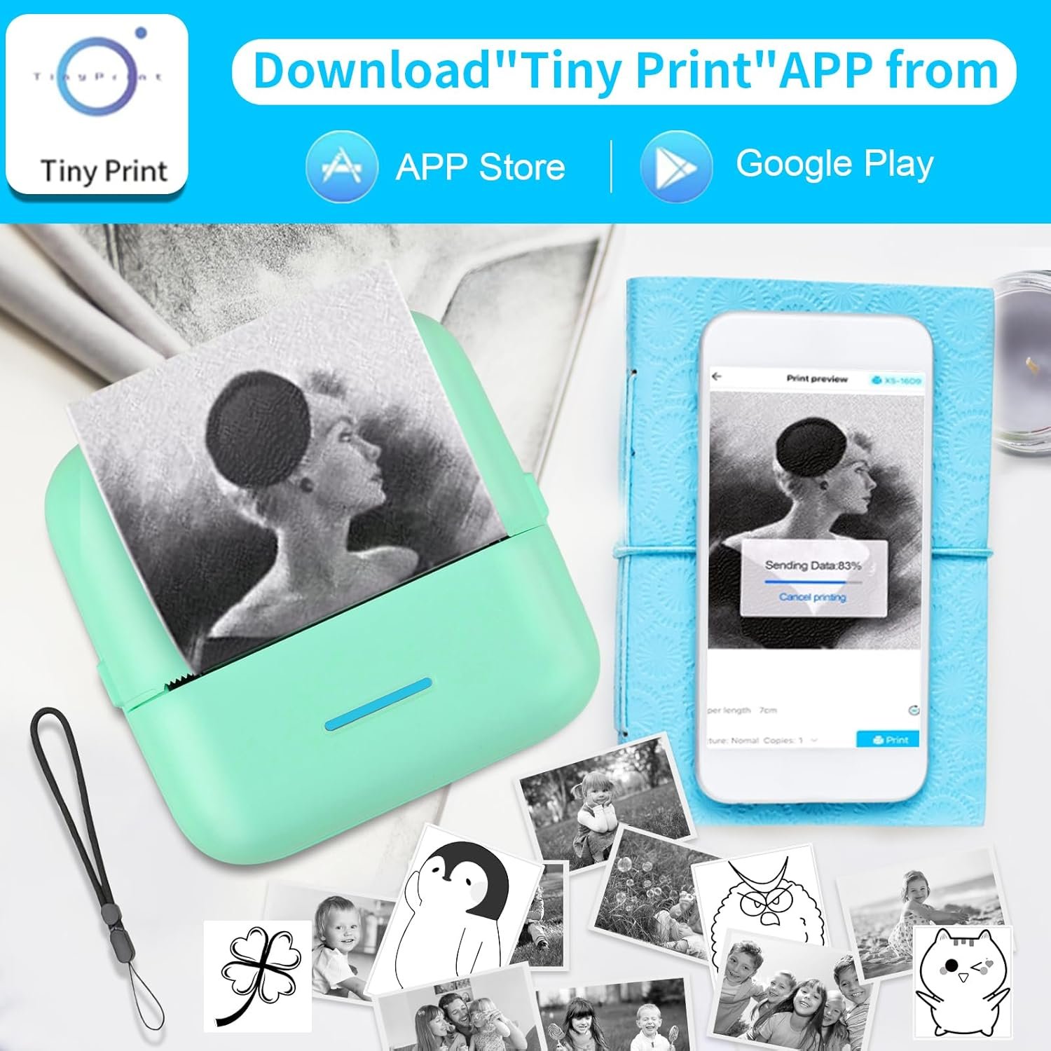 HuiJuKeJi Mini Sticker Printer Pocket Inkless Thermal Printer with 11 Rolls Thermal Paper and Sticker for iOS&Android, Bluetooth Smart Portable Receipt Printer for Photo Journal Notes Memo-Green - Image 3