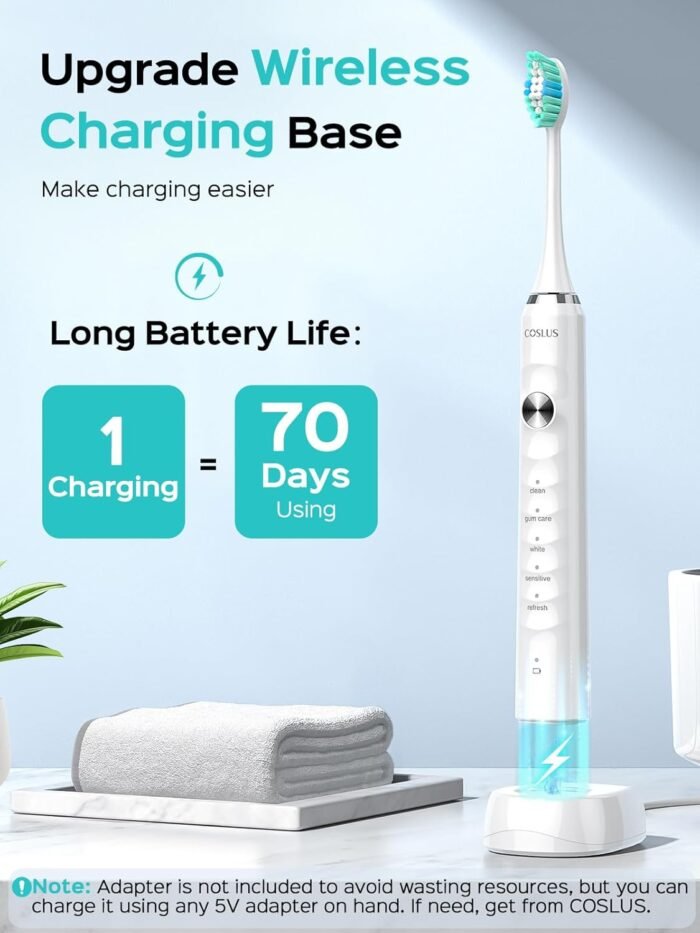 COSLUS Electric Toothbrush for Adults and Teen: Wireless Rechargeable Tooth Brush for Adult and Teen Youth with Portable Travel Case, 5 Modes 47000 VPM Power Toothbrushes 6 Brush Heads White - Image 4