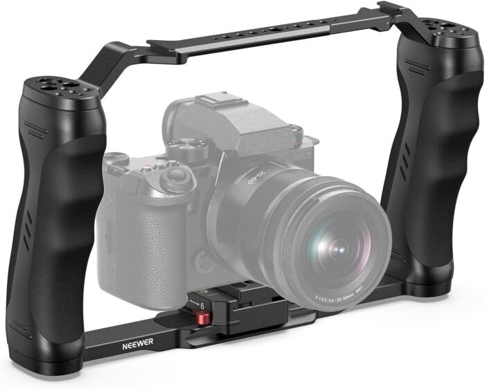 NEEWER Video Camera Cage Rig with Arca Type Quick Release Plate, Dual Grips, 3/8" ARRI & 1/4" Threads, Cold Shoes, Universal Camera Stabilizer Compatible with SmallRig NEEWER Baseplate, CA077