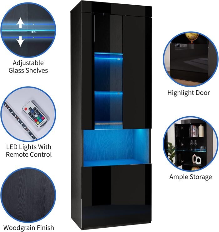 AMERLIFE Modern Highgloss Fireplace Entertainment Center Set, Includes 80" Fireplace TV Stand & 2 LED Highgloss Bookcases, Modern Storage Cabinets for TVs up to 90", Black - Image 3