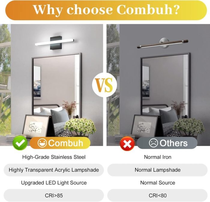 Combuh LED Bathroom Vanity Light Bar 16 Inch 9W Black IP44 Bathroom Light Fixtures Over Mirror Modern Bath Wall Lighting Fixture Sconce Indoor Cool White 6000K - Image 2