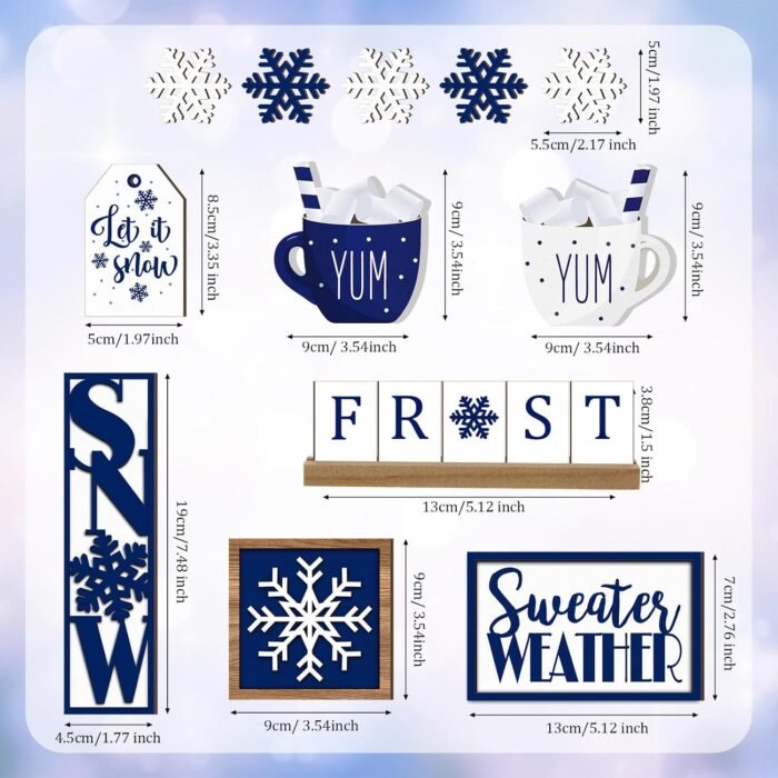 Jetec 12 Pieces Christmas Tiered Tray Decor Winter Snowflake Wooden Sign Table Decorations Farmhouse Coffee Bar Signs Snowflake Winter Tray Decor for Home Xmas Holiday Tabletop(Blue) - Image 3