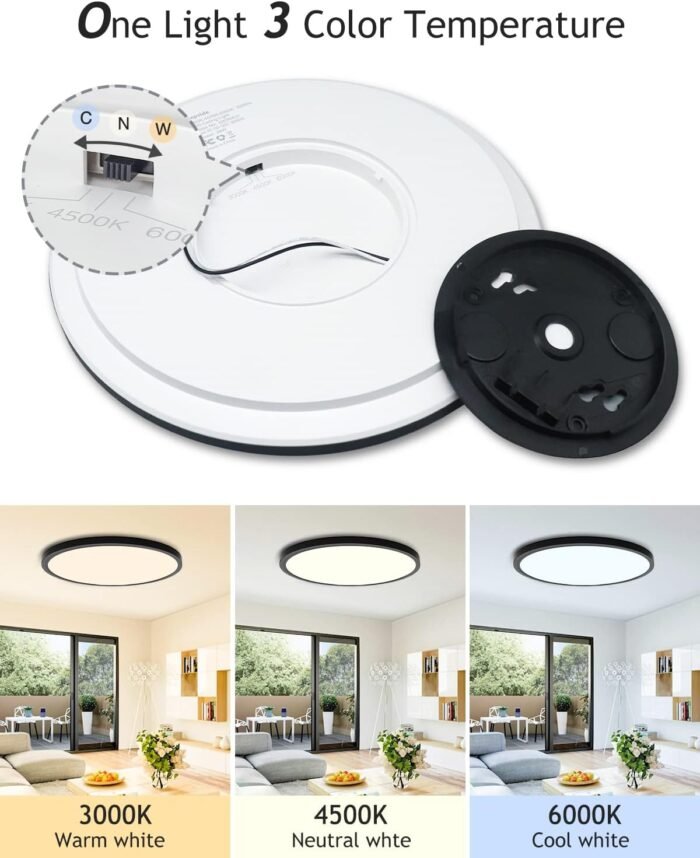 2PACK Flush Mount LED Ceiling Light Fixture Black, 12Inch 28Watt, Dimmable & 3000K-4500K-6000K 3 Color Selectable Ceiling Lamp 3200LM Low Profile Ceiling Light for Kitchen Bedroom Hallway Porch - Image 2