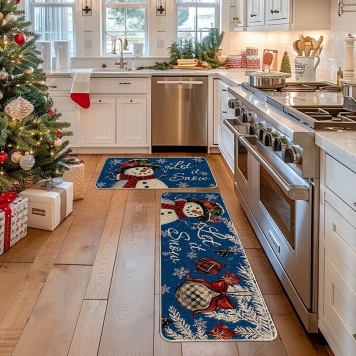 Artoid Mode Blue Let It Snow Snowflake Snowman Winter Kitchen Mats Set of 2, Christmas Decor Low-Profile Kitchen Rugs for Floor - 17x29 and 17x47 Inch - Image 4