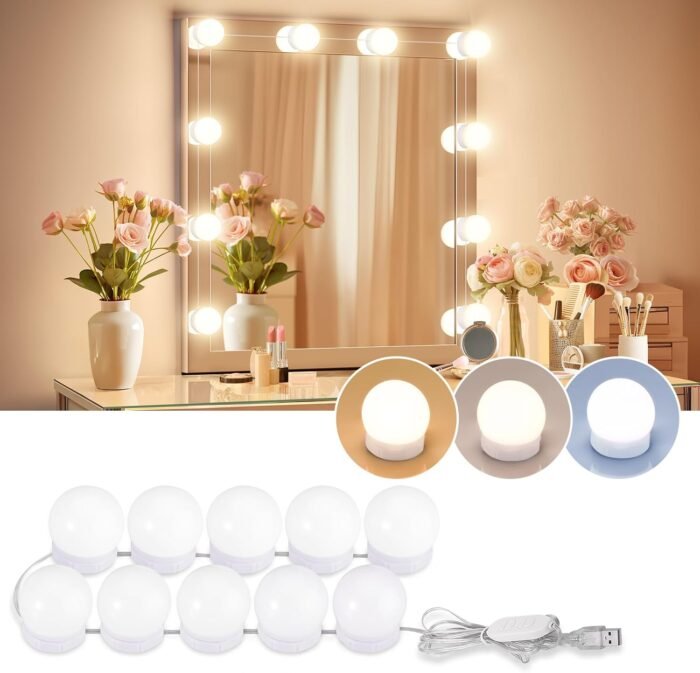 Consciot LED Vanity Lights For Mirror, Hollywood Style Vanity Lights With 10 Dimmable Bulbs, Adjustable Color & Brightness, USB Cable, Mirror Lights Stick on for Makeup Table Dressing Room, White