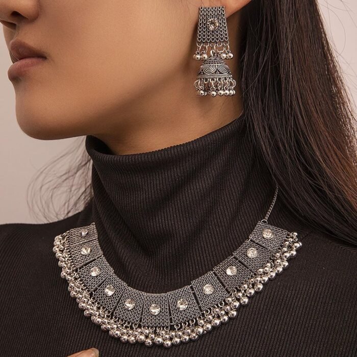 Boho Antique Silver Jewellery Sets for Brides Bridesmaid Cubic Zirconia Crystal Statement Choker Necklace Earrings Jhumki Accessories for Women Indian Ethnic Wedding Wear Bollywood Party Dancing - Image 2