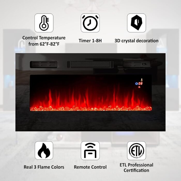 AMERLIFE Modern Highgloss Fireplace Entertainment Center Set, Includes 80" Fireplace TV Stand & 2 LED Highgloss Bookcases, Modern Storage Cabinets for TVs up to 90", Black - Image 5