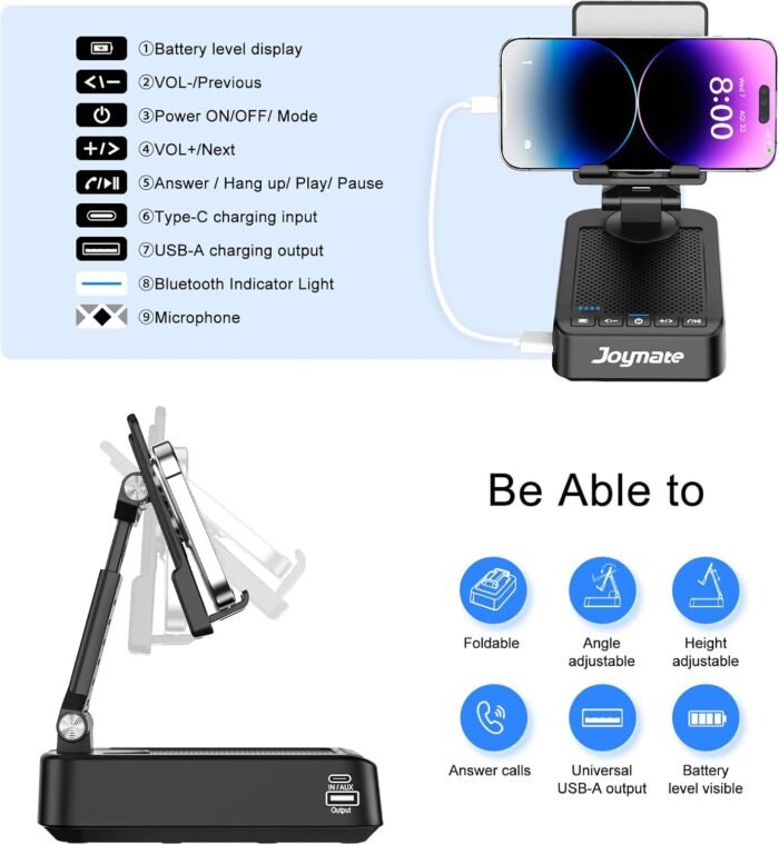 Gifts for Men Women, Joymate Bluetooth Speaker Phone Stand with Charging Function 360° Rotable Adjustable Cell Phone Holder HD Surround Sound for Desk Fits All Phones,Tablet (Black) - Image 4